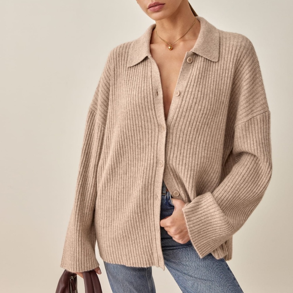 Reformation NWT Small Fantino Cashmere Collared Cardigan Oatmeal